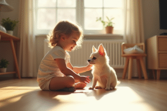 Enfant souriant caressant un chihuahua papillon dans le salon