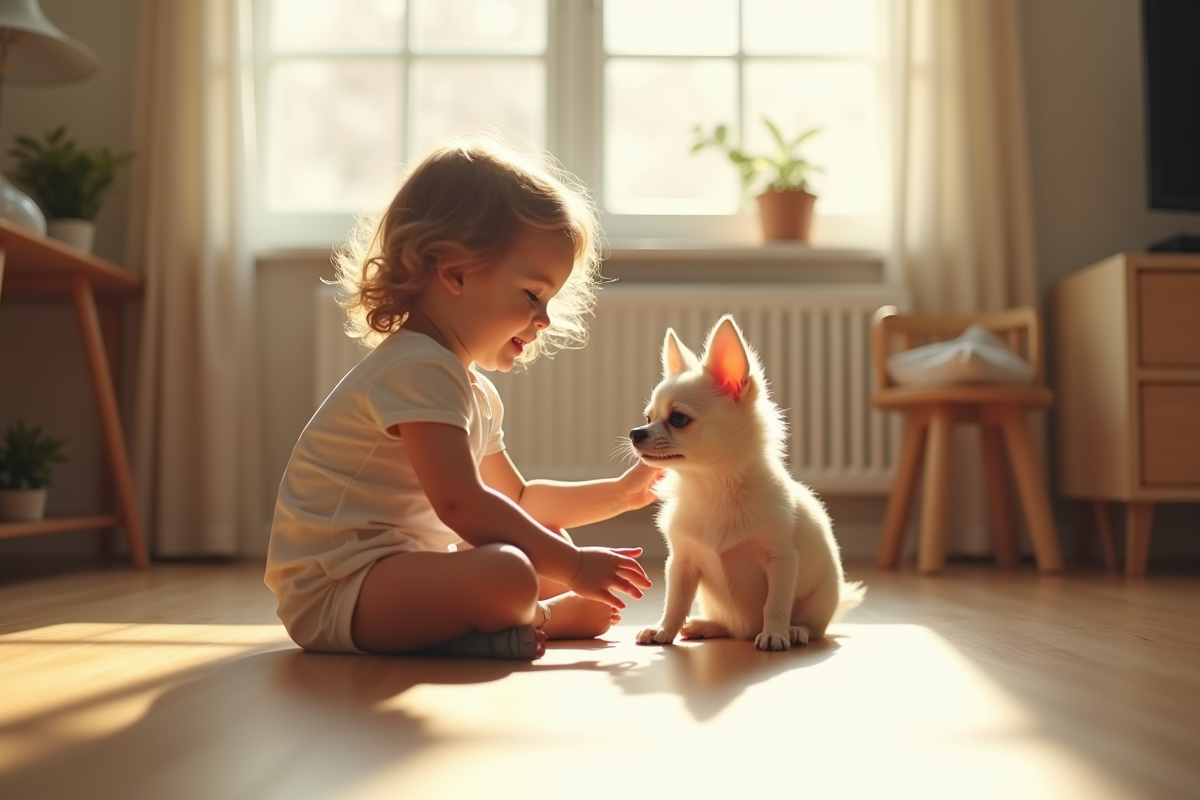 Enfant souriant caressant un chihuahua papillon dans le salon