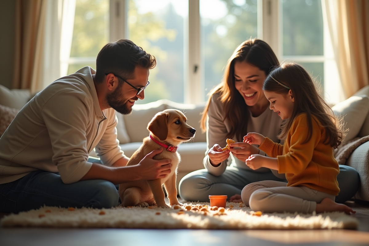 Famille enseignant un petit chien avec des friandises dans le salon