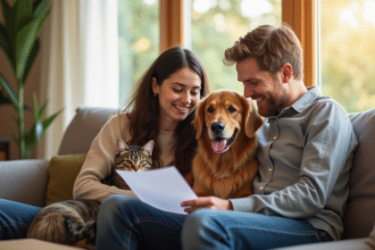 Famille heureuse à la maison avec chien et chat et documents d'assurance