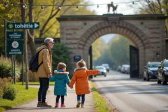 Famille avec enfants devant l'entrée du zoo La Palmyre