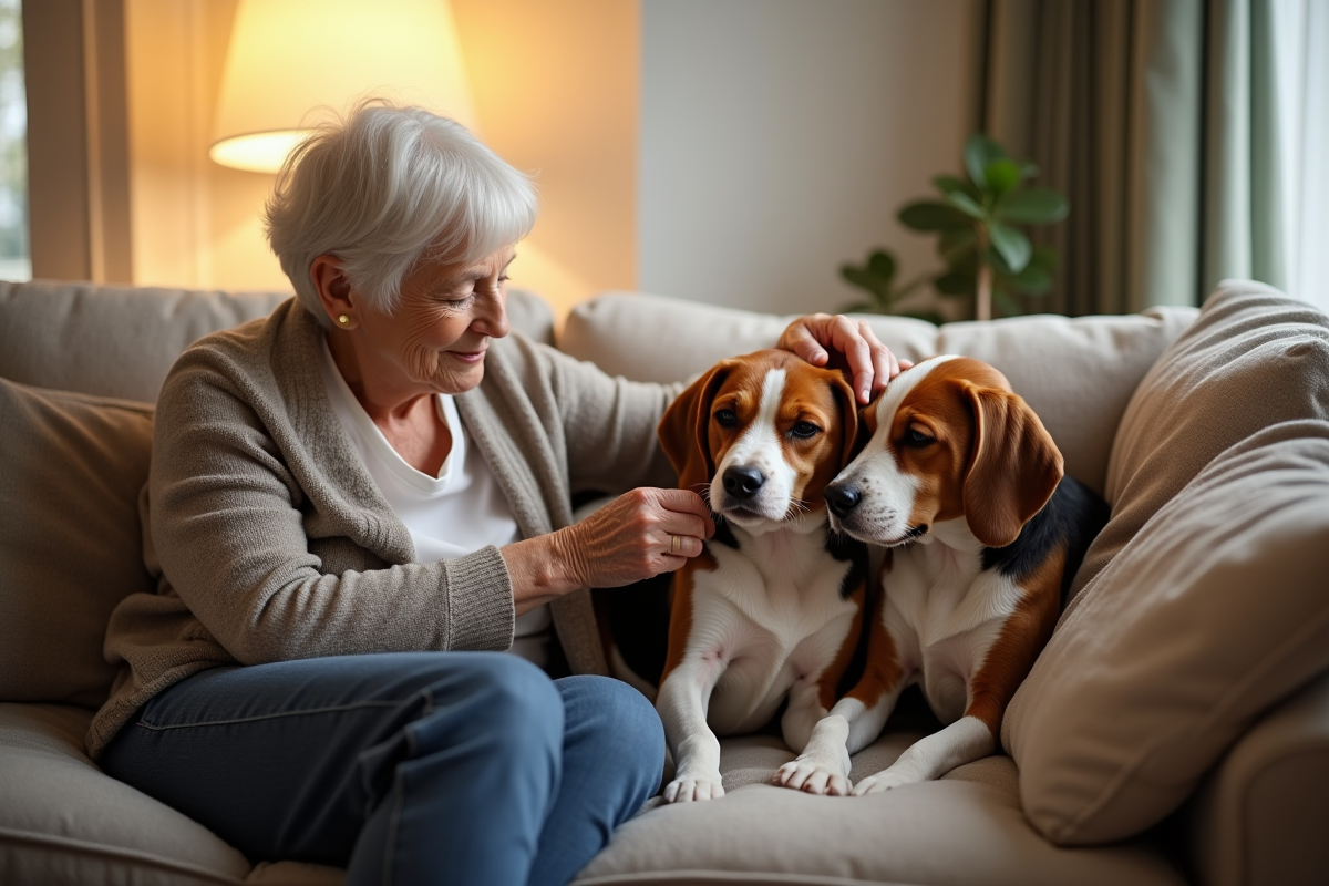 Femme âgée caressant deux beagles sur un canapé chaleureux