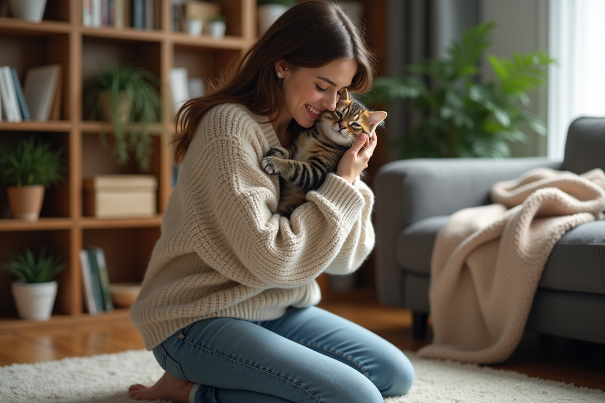 Jeune femme avec chaton dans un intérieur chaleureux