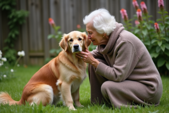 Femme âgée dans un jardin avec un chien golden retriever