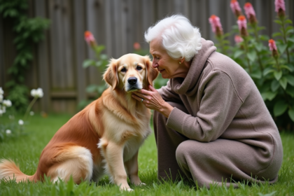 Femme âgée dans un jardin avec un chien golden retriever