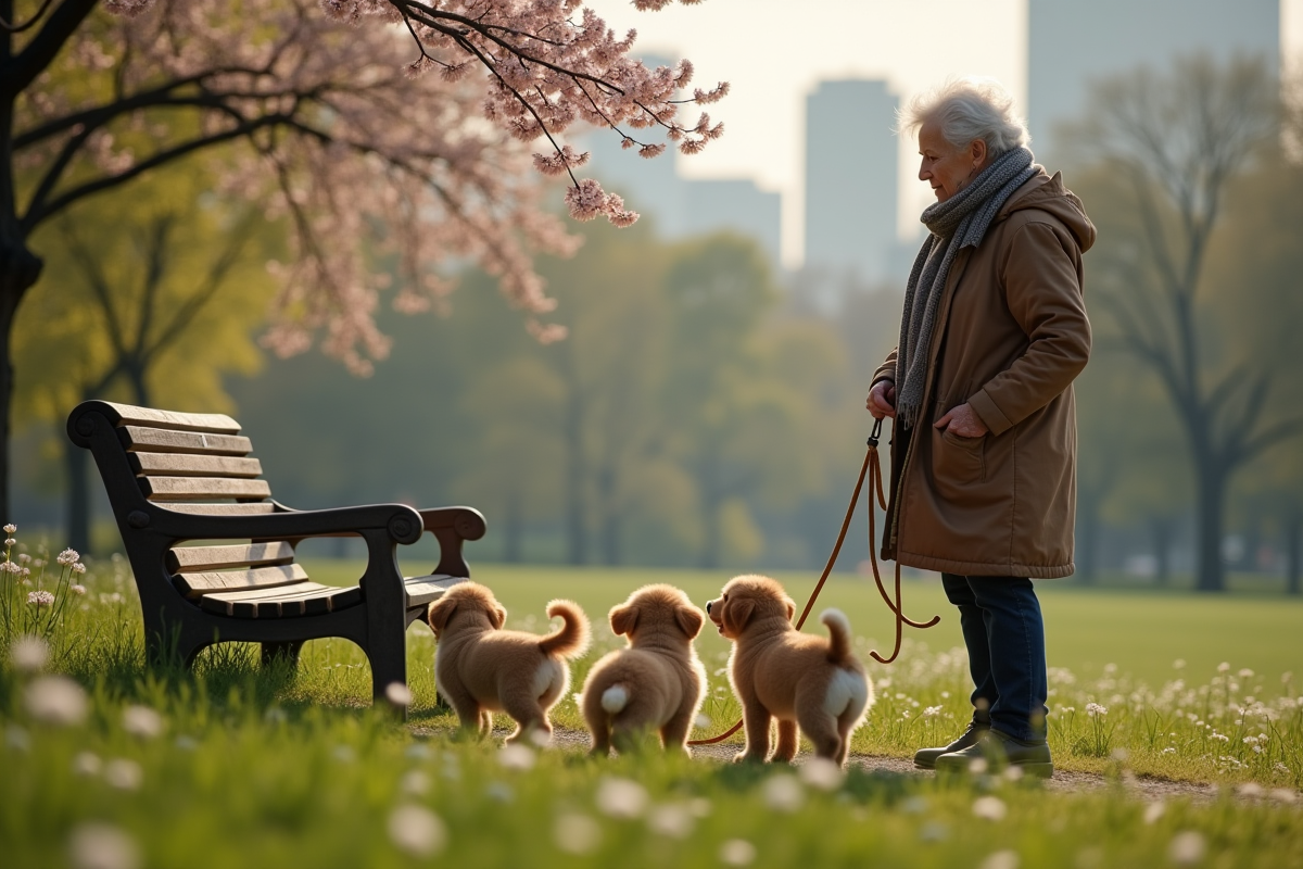 Femme âgée observant chiots dans un parc