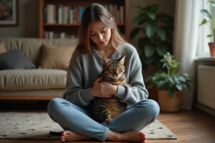 Jeune femme avec un chat tigré dans un intérieur chaleureux