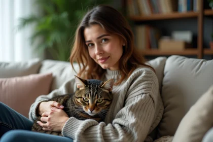 Jeune femme avec chat domestique dans un salon cosy