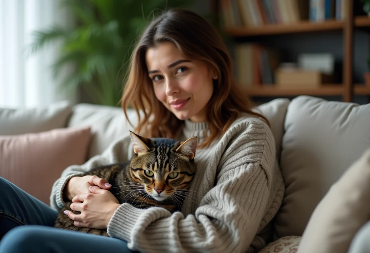 Jeune femme avec chat domestique dans un salon cosy