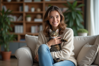Jeune femme avec chat dans un salon chaleureux