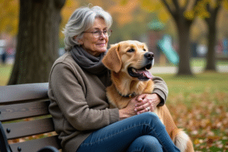 Femme et chien golden retriever dans un parc en automne