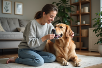 Femme dans son salon brossant un golden retriever