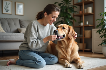 Femme dans son salon brossant un golden retriever