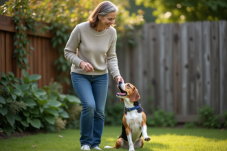 Femme en jean calme avec un beagle dans le jardin