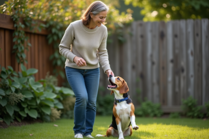 Femme en jean calme avec un beagle dans le jardin