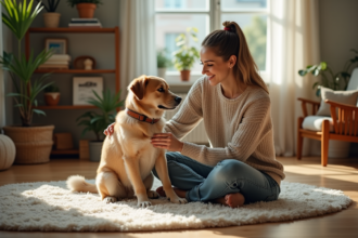 Femme caressant un chien dans un intérieur cosy