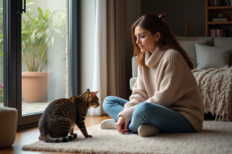 Femme assise avec son chat domestique dans un salon moderne