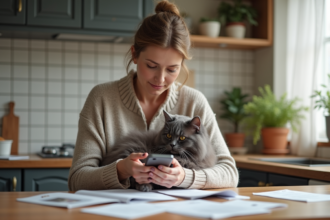Femme avec chat gris dans la cuisine lumineuse