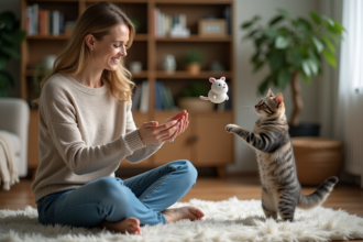 Femme souriante jouant avec son chat dans un salon chaleureux