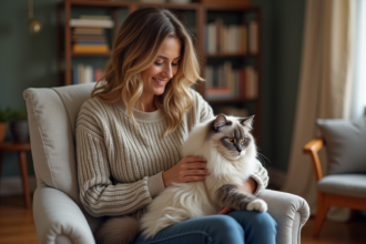 Femme caressant un Maine Coon dans un salon chaleureux