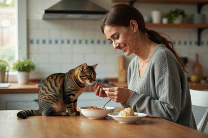 Femme souriante offrant du pâté à un chat dans la cuisine