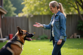 Femme donnant un signal au chien dans le jardin