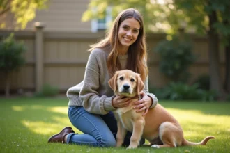 Jeune femme avec un chiot retriever dans un jardin