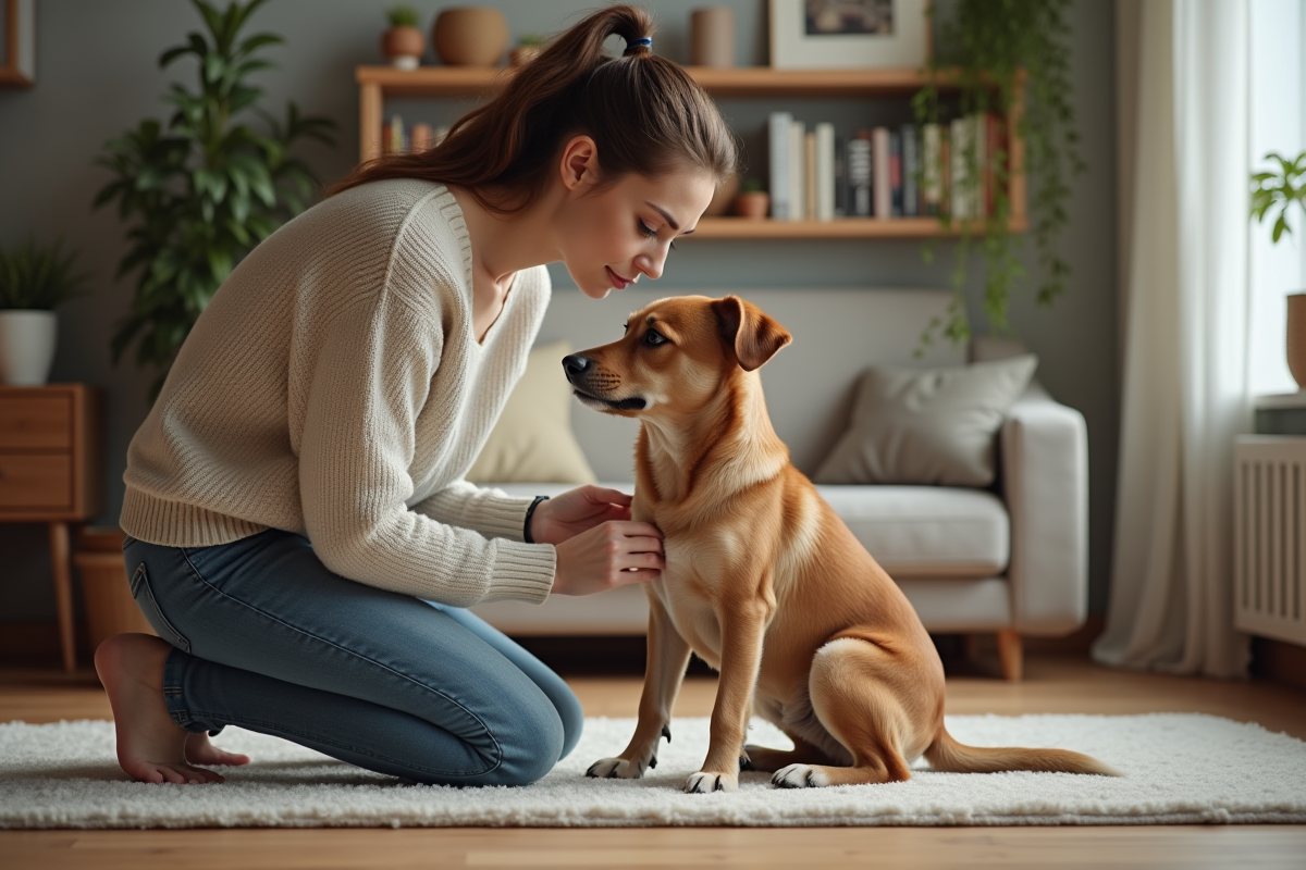 Jeune femme inspectant le pelage de son chien dans un intérieur chaleureux