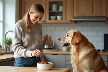 Femme versant nourriture pour chien dans un bol en céramique dans une cuisine lumineuse