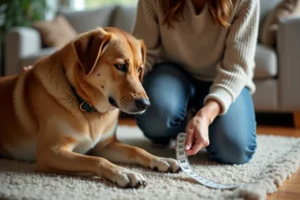 Femme mesurant la longueur de son chien avec un ruban