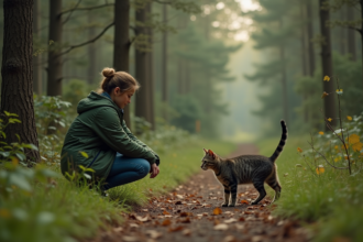 Jeune femme observant un chat sauvage en forêt