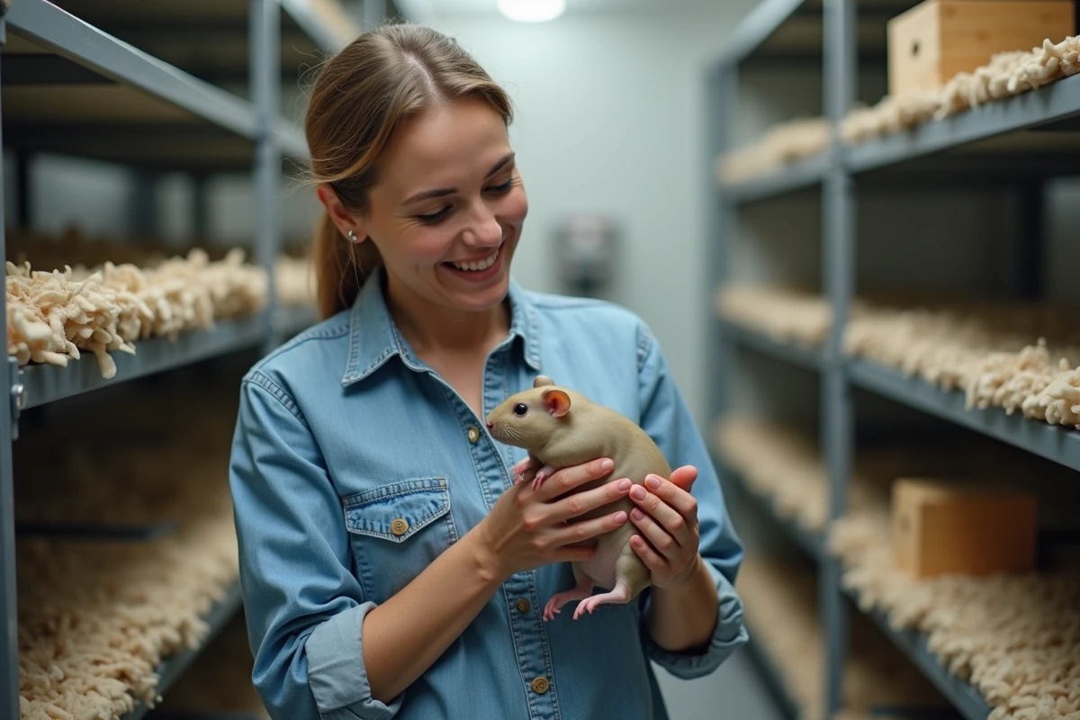 Femme souriante tenant un cochon d'inde nu dans un environnement propre