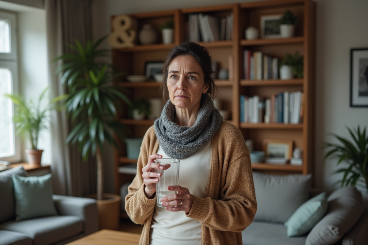 Femme hésitante dans son salon avec une bouteille d