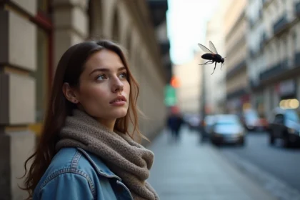 Jeune femme surprise avec un insecte volant en ville
