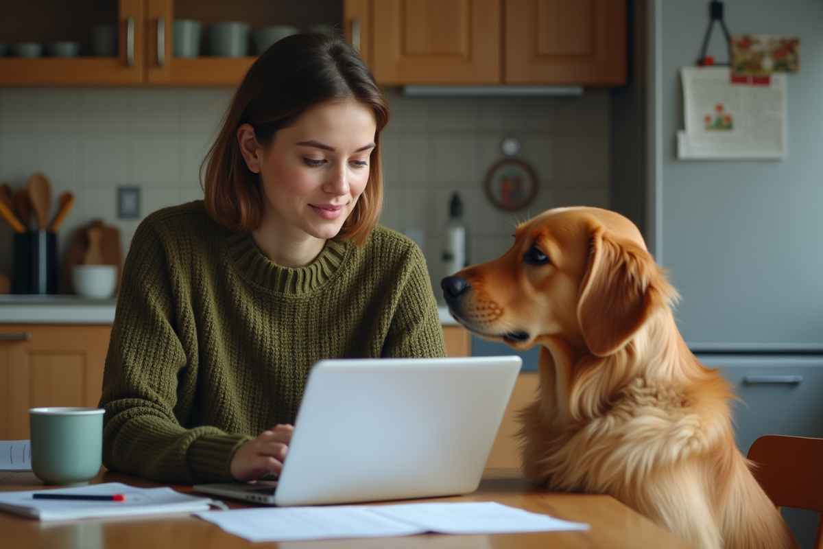 Jeune femme avec chien à la cuisine en train de remplir un formulaire
