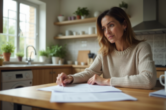 Femme d'âge moyen lisant des papiers dans une cuisine lumineuse