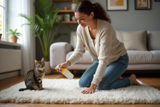 Femme nettoyant un tapis avec solution naturelle dans un salon cosy