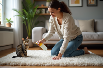 Femme nettoyant un tapis avec solution naturelle dans un salon cosy