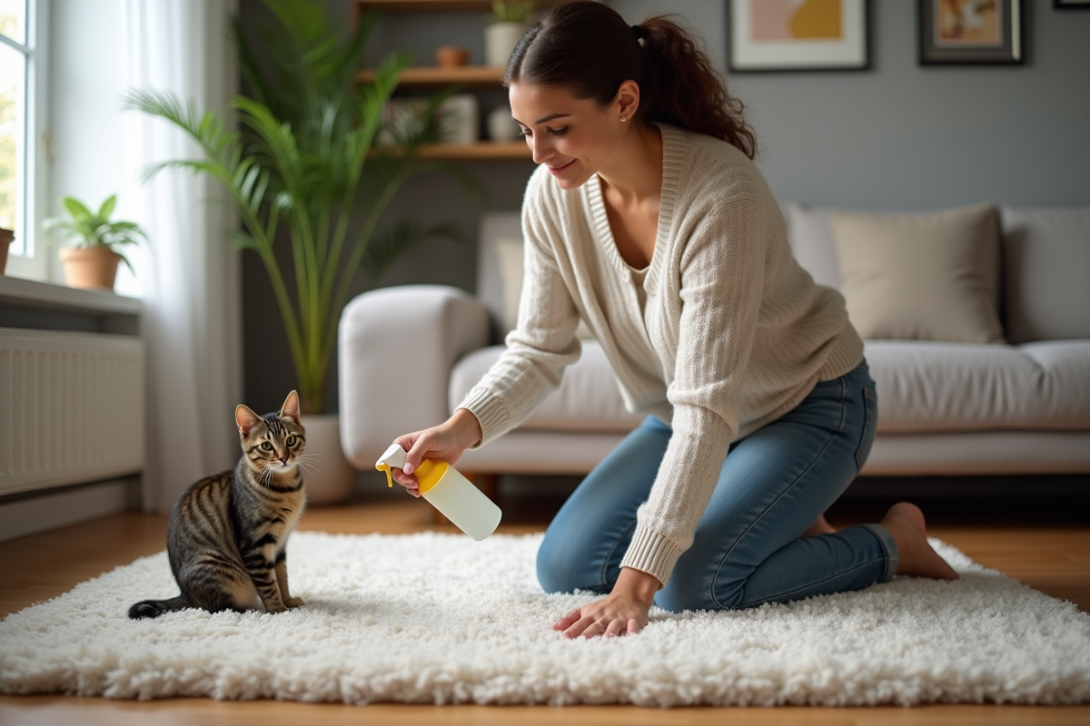 Femme nettoyant un tapis avec solution naturelle dans un salon cosy