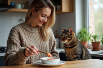 Femme versant pâté pour son chat dans une cuisine chaleureuse