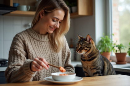 Femme versant pâté pour son chat dans une cuisine chaleureuse