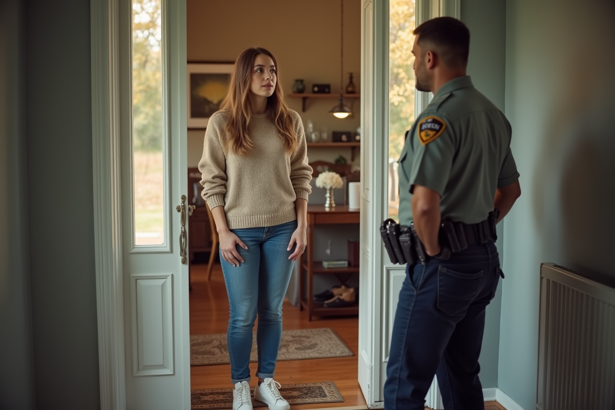 Jeune femme devant sa porte parlant à un agent animalier