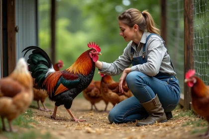 Femme en salopette près de poules dans une ferme