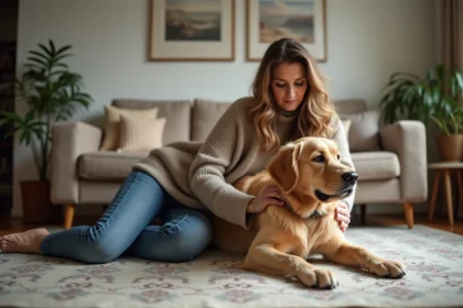 Femme rassurant un chien golden retriever avec un jouet en peluche