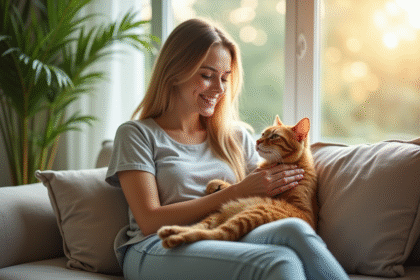Femme détendue sur un canapé avec un chat orange