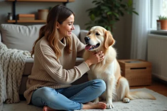 Jeune femme souriante avec chien retriever dans un salon