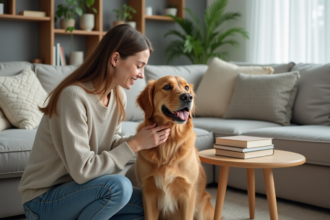 Jeune femme jouant avec un retriever dans un salon cosy