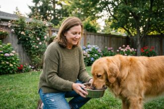 Femme adulte nourrissant un retriever dans un jardin