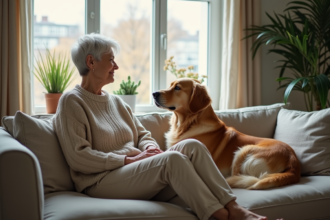 Femme assise avec un retriever dans un salon calme