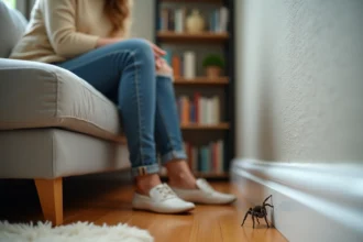 Femme assise observant une petite araignee dans le salon